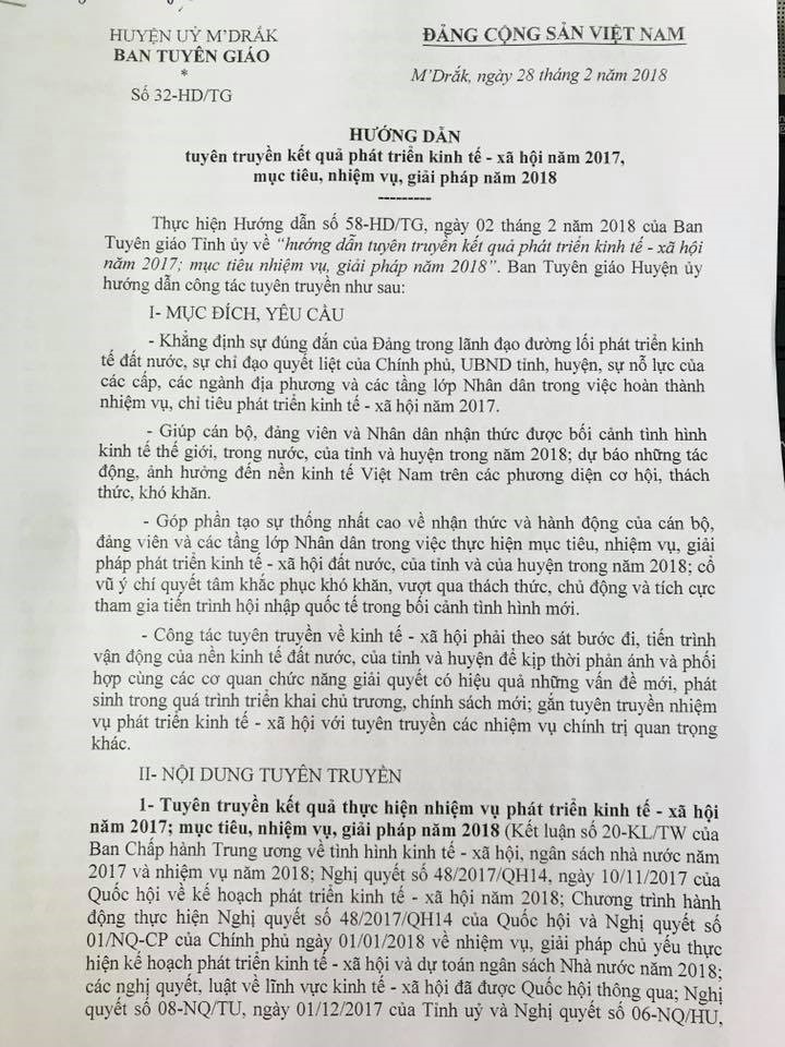 Ban Tuyên giáo Huyện uỷ hướng dẫn tuyên truyền kết quả phát triển kinh tế - xã hội năm 2017, mục tiêu, nhiệm vụ năm 2018