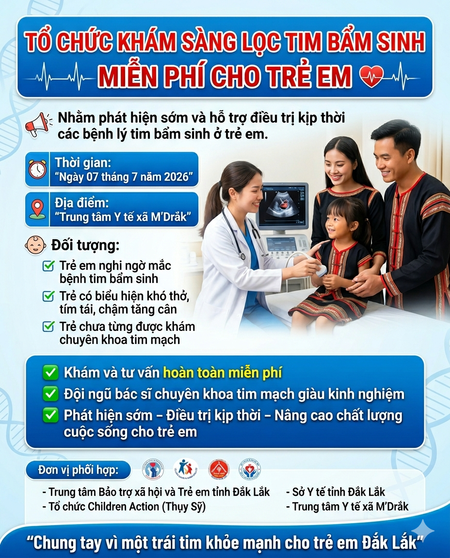 THÔNG BÁO KHÁM SÀNG LỌC TIM BẨM SINH MIỄN PHÍ CHO TRẺ EM
